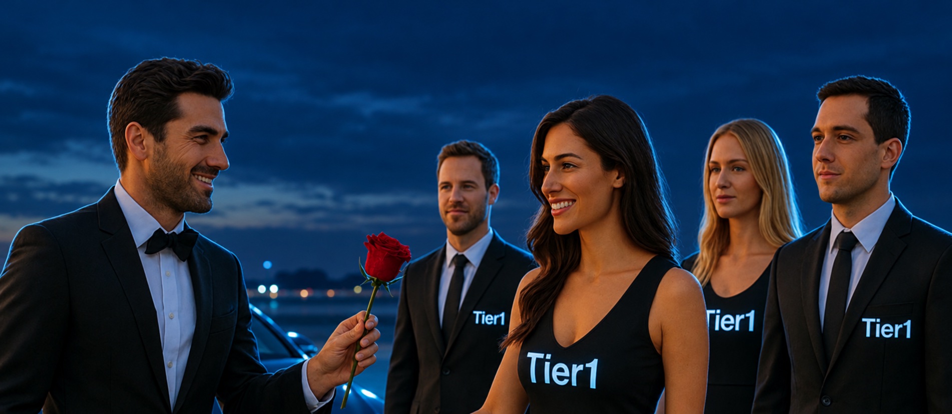 Symbolic supplier selection: a rose offered to a shortlist of candidates wearing Tier1 labels