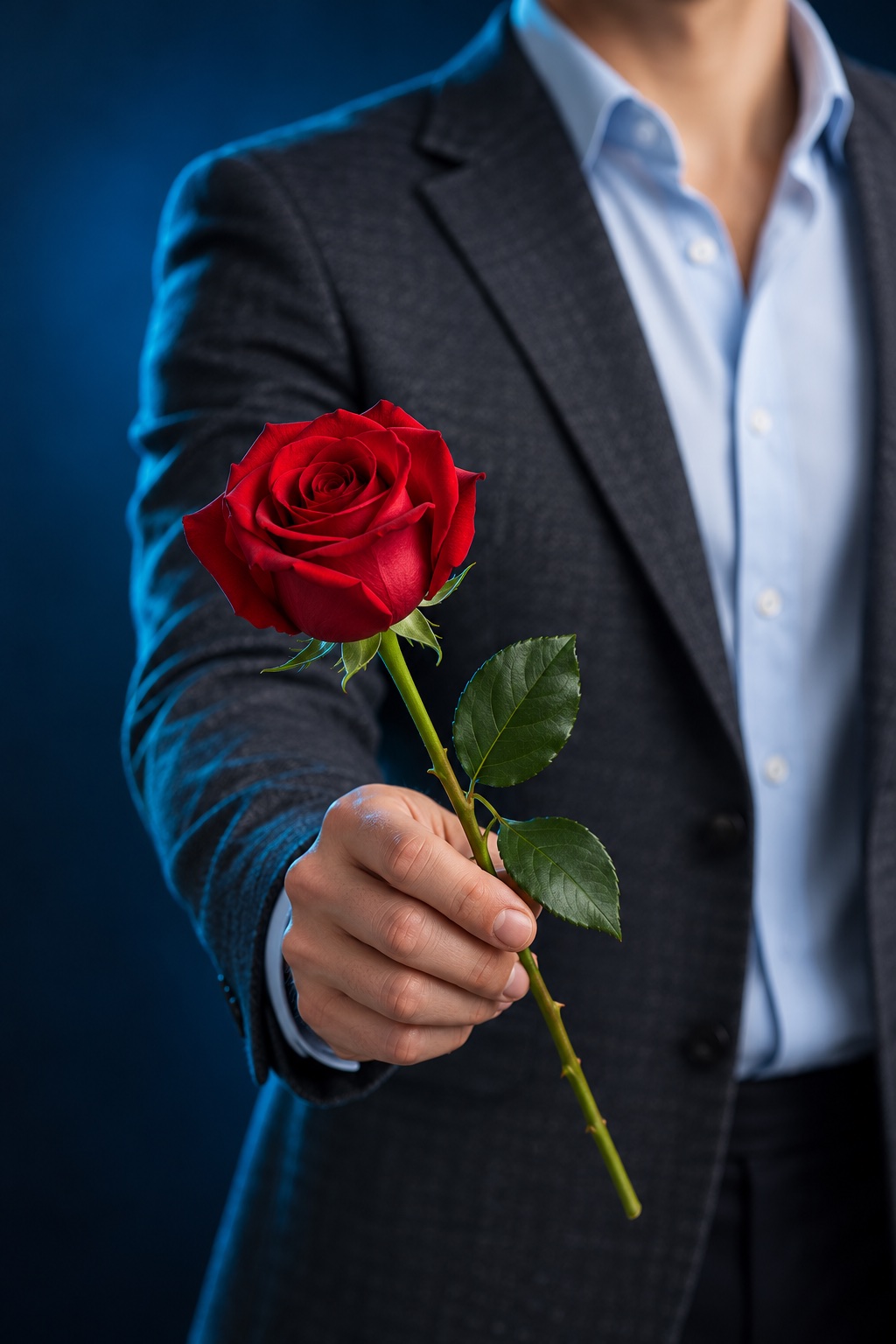A red rose offered as a symbol of selection