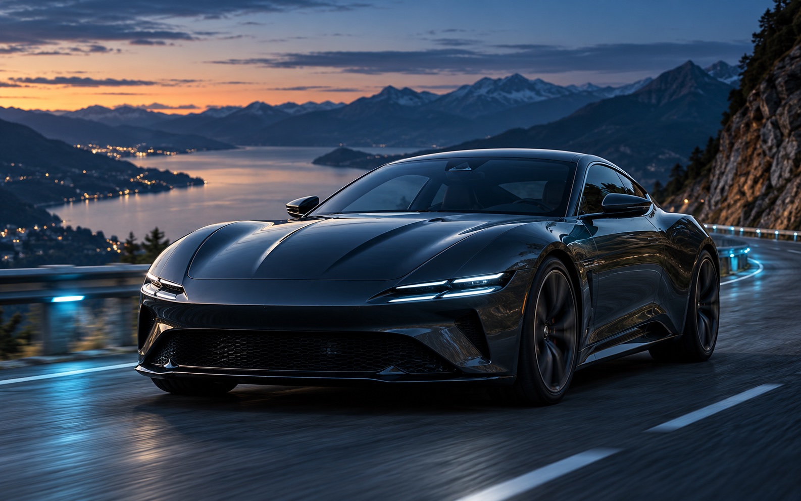 Original unbranded graphite performance GT on a mountain road at dusk, illustrating exterior ADAS and automated-driving imaging