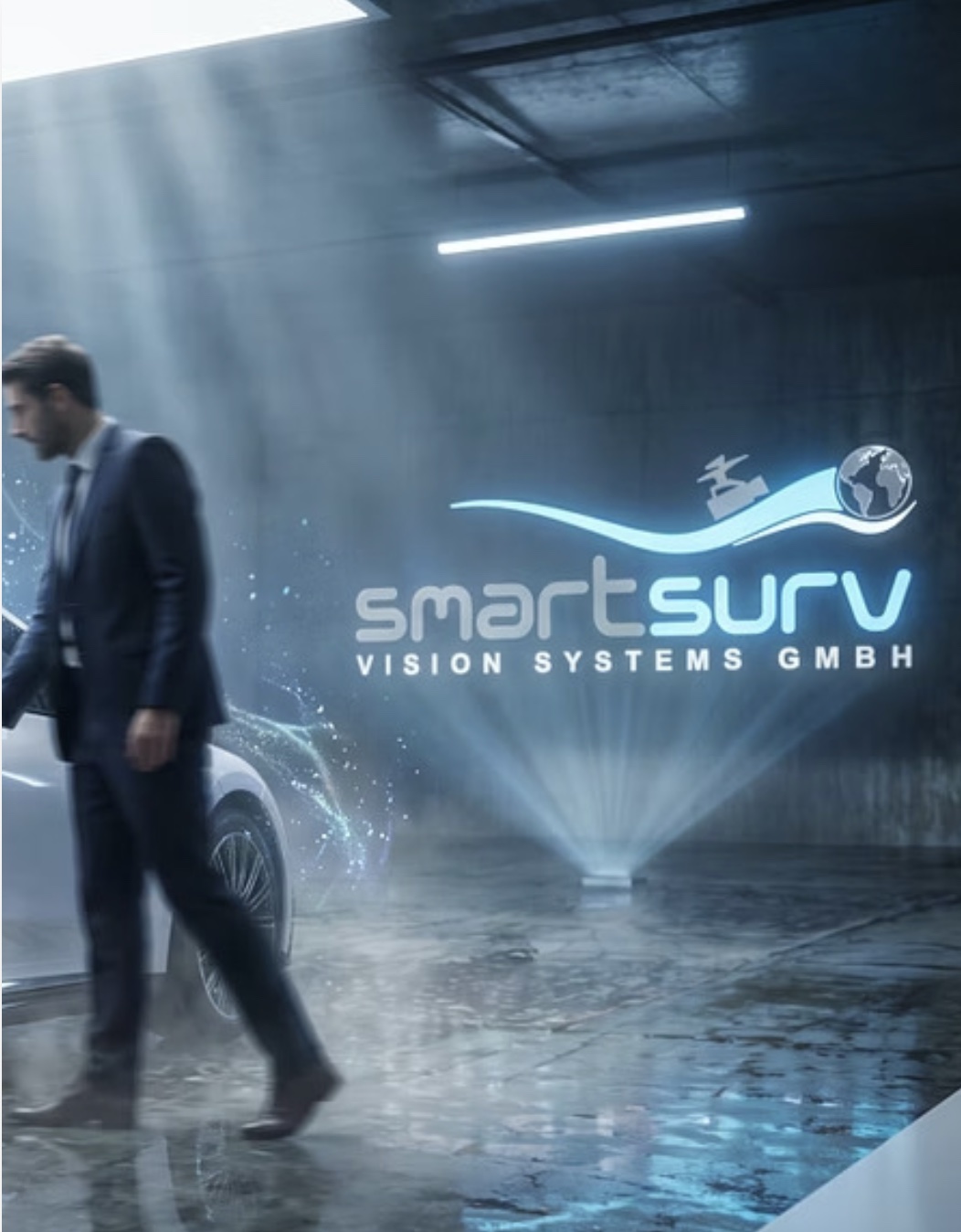 SmartSurv automotive imaging artwork: a person beside a car in a cyan-lit scene with the camera surfer and SmartSurv logo